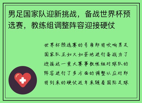 男足国家队迎新挑战，备战世界杯预选赛，教练组调整阵容迎接硬仗